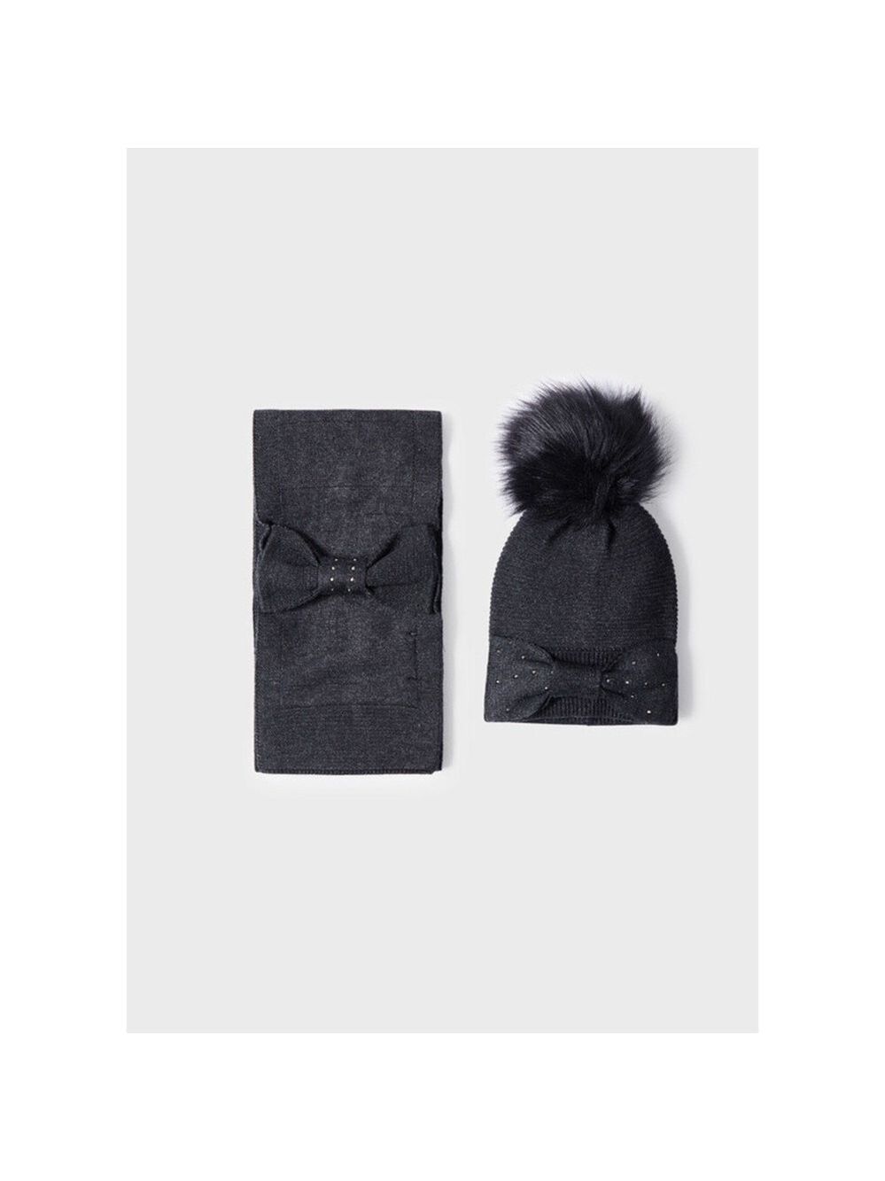 Size 12 Girls Mayoral Charcoal Kids Hat and Scarf Set with Bow